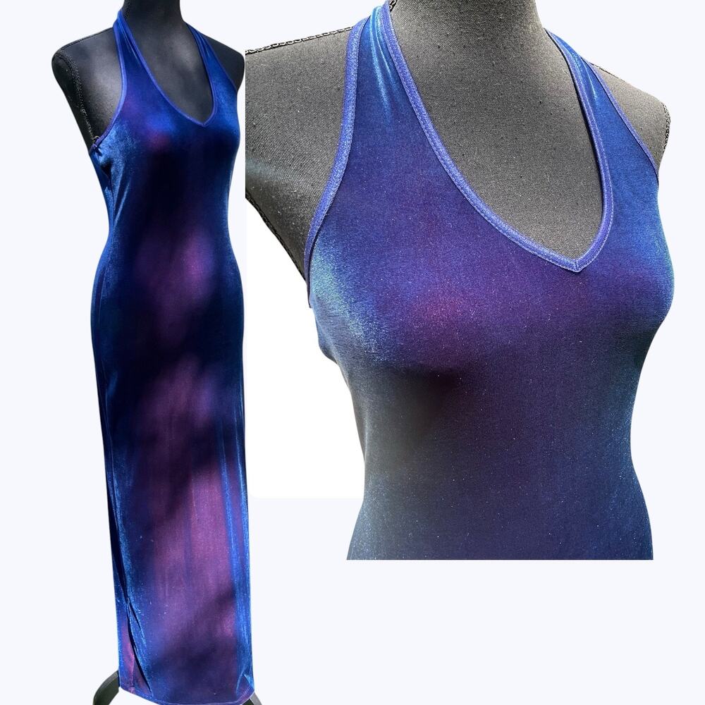 Vintage 90s Y2K Iridescent Velvet Halter Maxi Dress Blue purple S Open Back USA